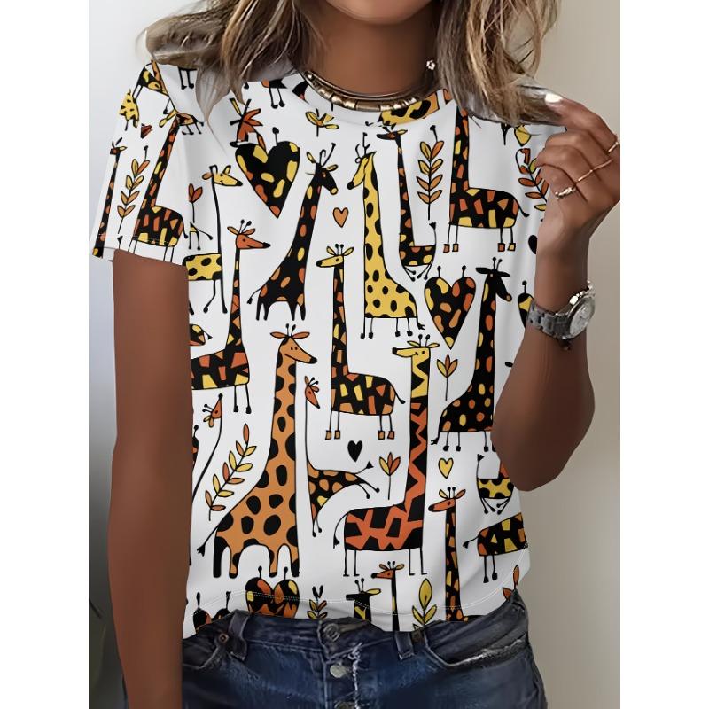 Crew Neck Short Sleeve Watercolor Giraffe Floral Print T Shirt Women's Outfits Casual Daily Wear Summer Lady Clothes