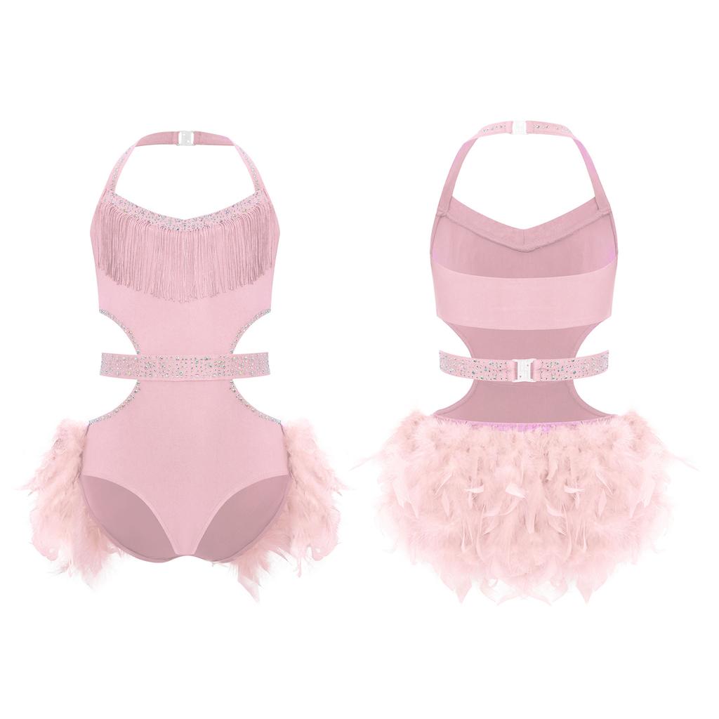 Girls Latin Dance Costume Sparkly Rhinestones Halter Leotard with Feather Skirt for Performance