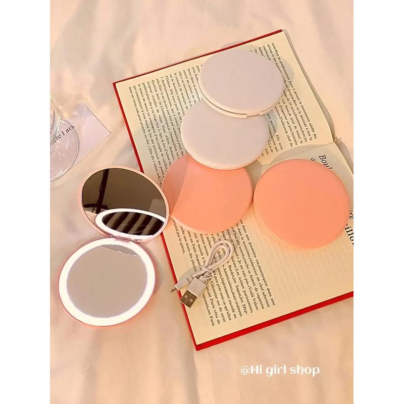 LED Foldable Makeup Mirror, Women Mini Mirror, Small Pocket Mirror, Pink And White Luminous Effect