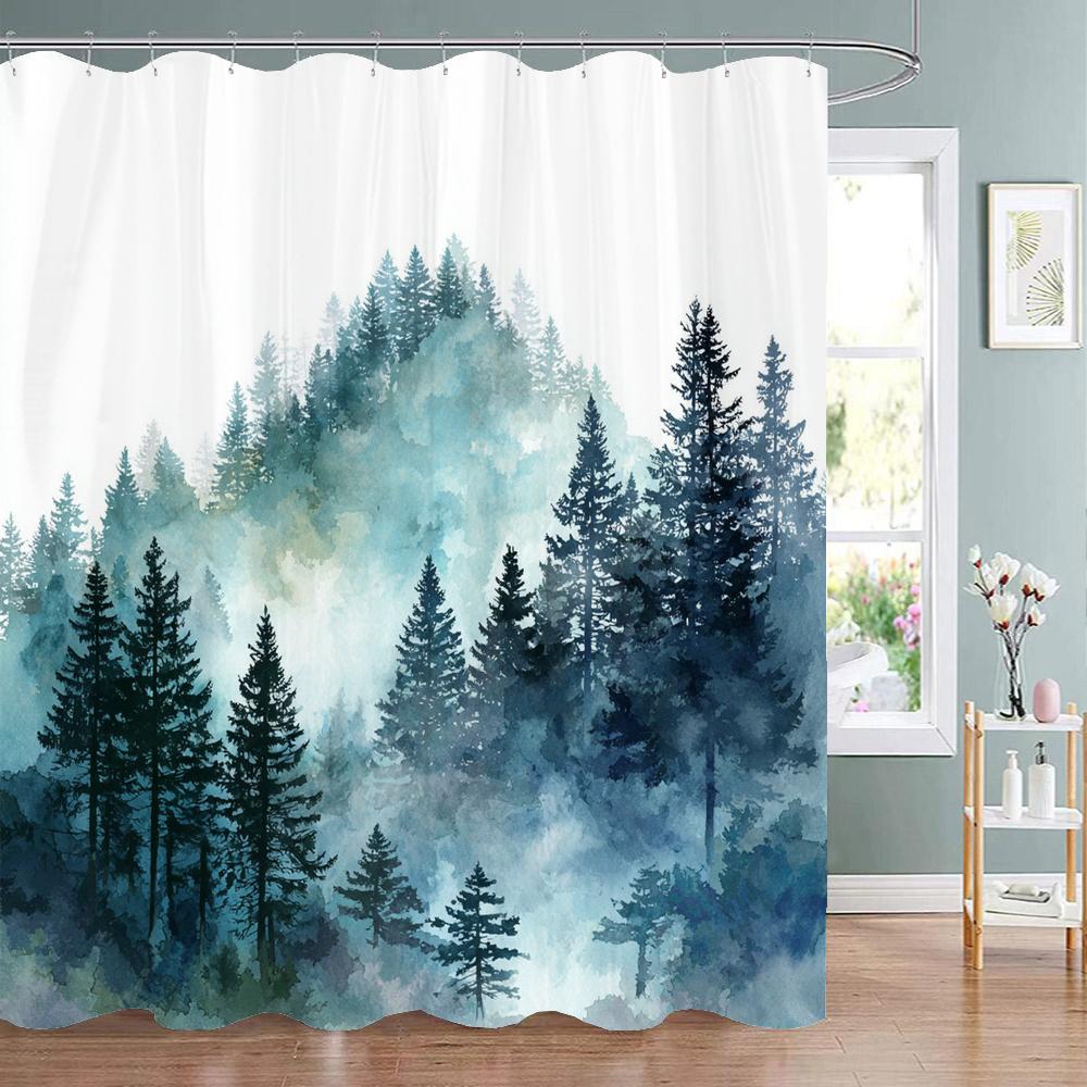 Misty Forest Scenery Shower Curtain, Bathtub Bathroom Decorative Shower Curtain, Waterproof Shower Curtain With Hooks