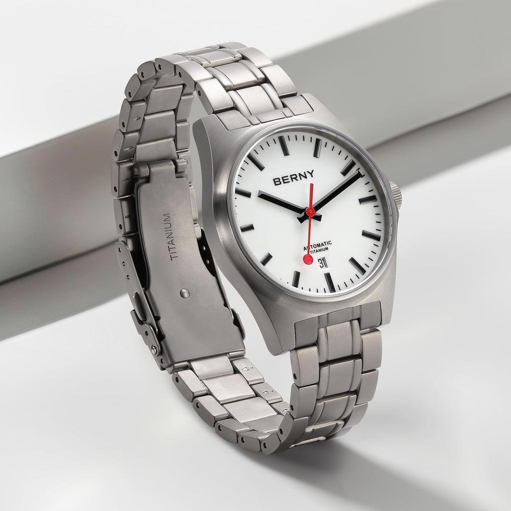 BERNY Titanium Mechanical Automatic Railroad 100M Water with AR Sapphire Crystal Watch, Watch, Watch, Resistant, Calendar,