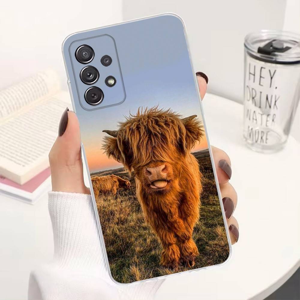 Cute Highland Cow Phone Case For Samsung A51,71,30,S21,10,20,Ultra,FE,Lite, S22,23,9,PIus,Transparent, Silicone