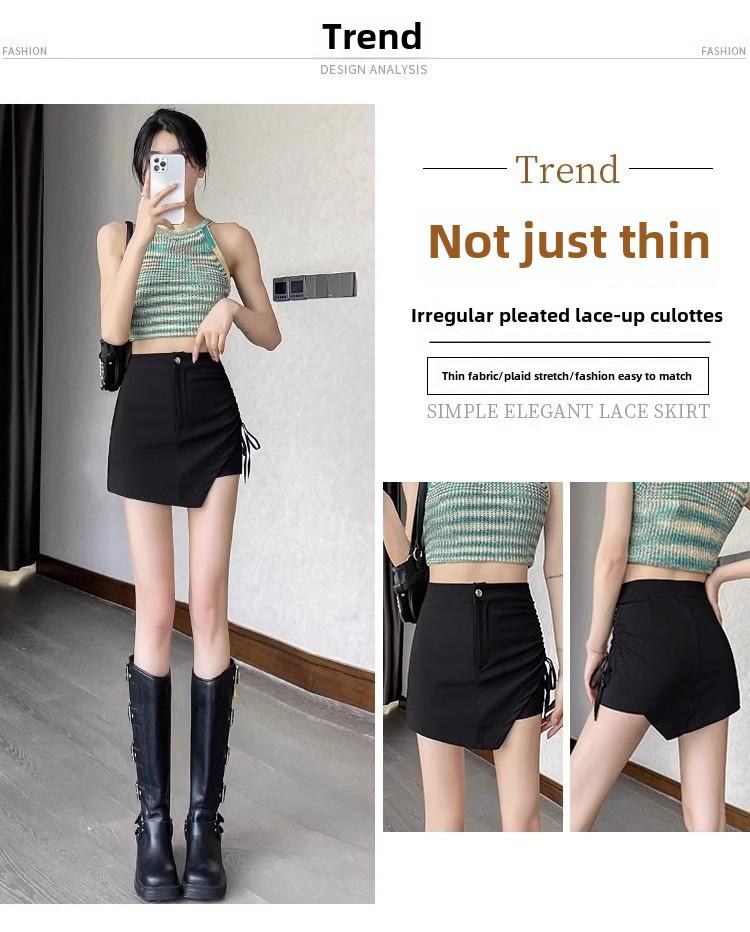 2024 Damen Schwarzer High Waist A-Linien Plissierter Kurzer Rock mit Kordelzug