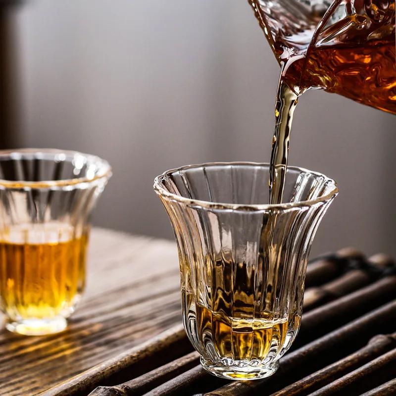 1 Piece 60ml 80ml Heat Resistant Kong Fu Master Tea Cup Small Capacity Vertical Texture Thick Sake Soju Tasting Glass Drinkware