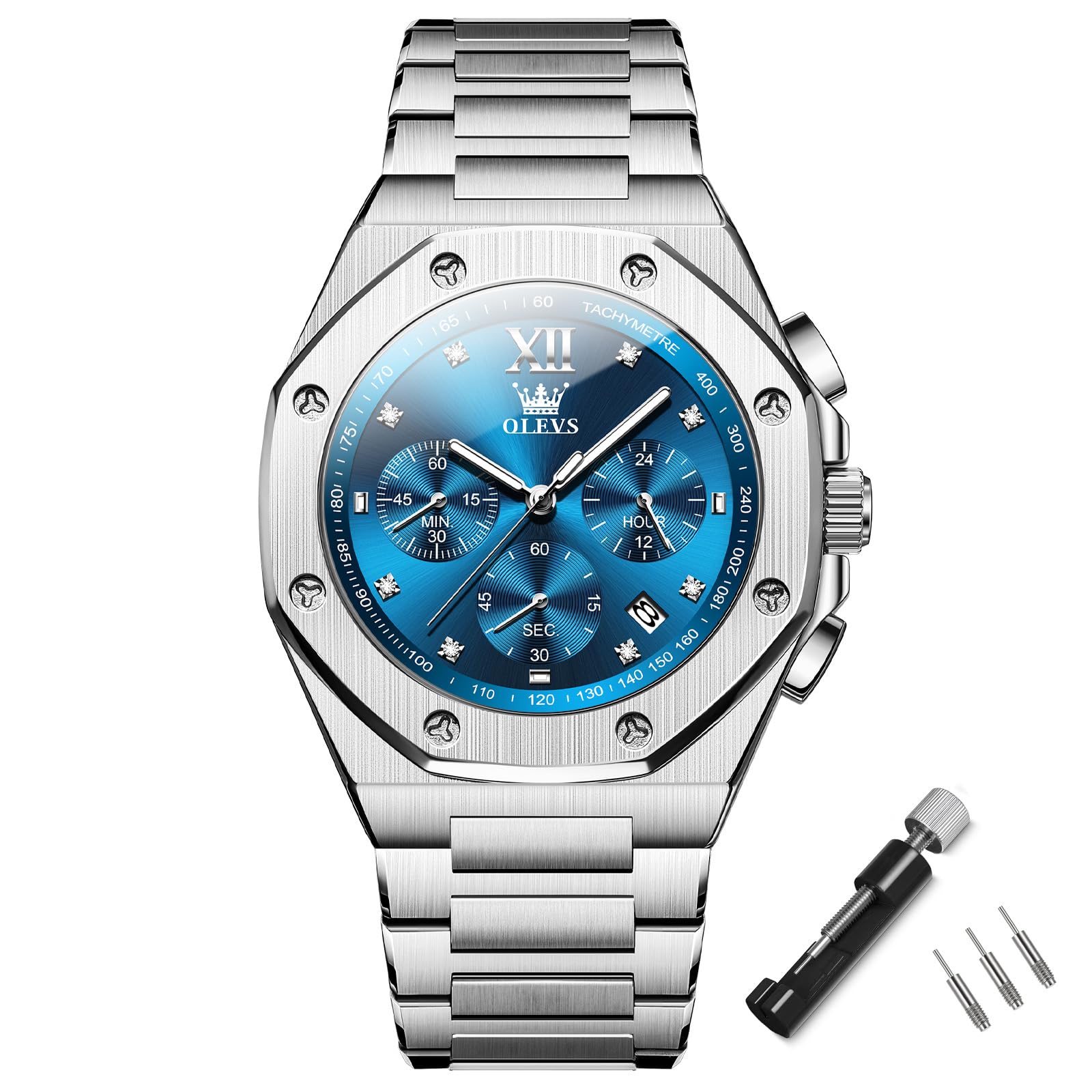 

OLEVS Восьмиугольные Аналоговые Кварцевые Нержавеющие Дата Простые Большие Роскошные Часы для Jam Tangan Pria Мужские Часы, Серебристые, Популярные, Водонепроницаемые, Механизм, Нарядные,