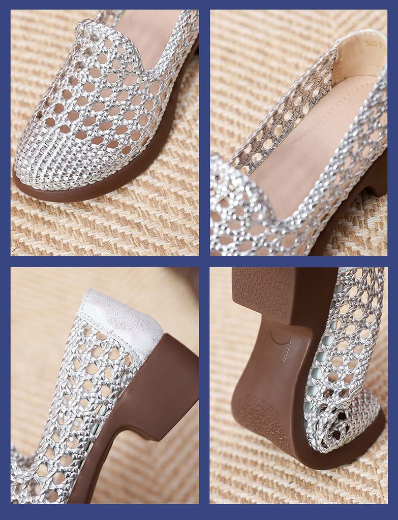 2025 Summer Hollow Woven Breathable Shoes Women Sandals Big Size Thick Heels Genuine Leather Shoes Summer Casual Sandals