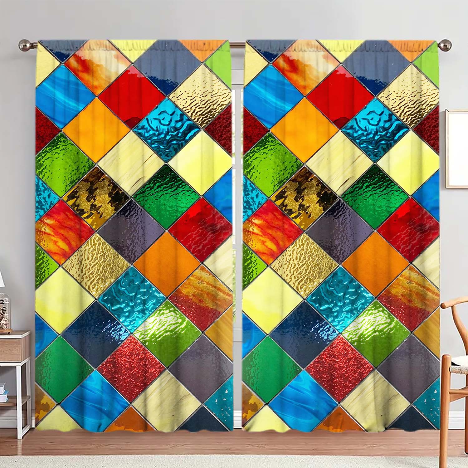 

2 Panels Colored Diamond Shaped Glass Window Curtains Distinctive Printed Curtains Suitable for Gifting To Family and Friends 100*130 Grommet Top 1pcs