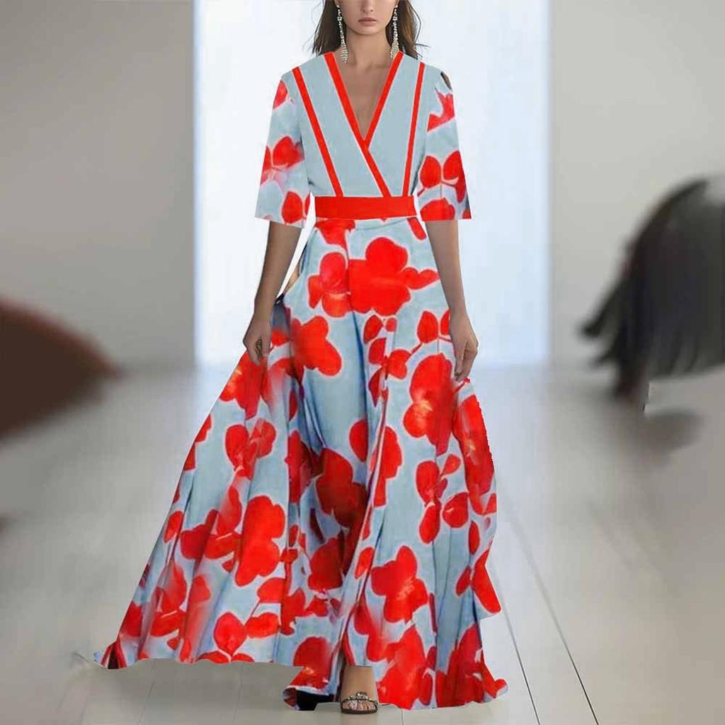 Ladies' Casual And Fashionable Color Printed Patchwork V-neck Long Dress