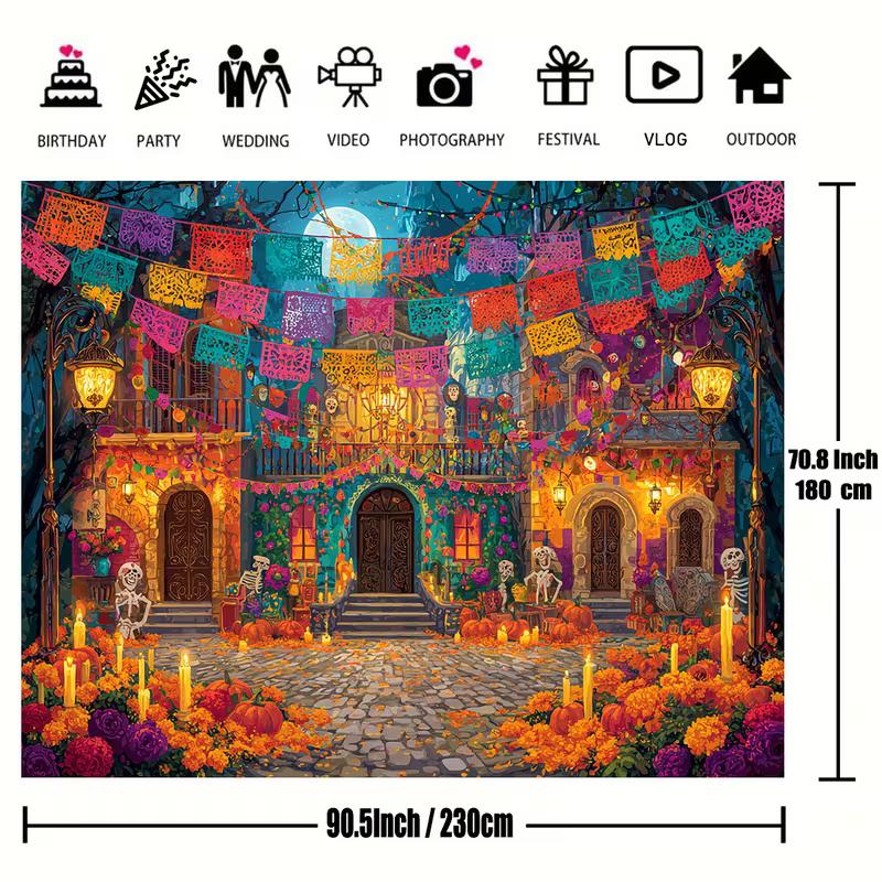 2D Día De Los Muertos Street Scene Wall Tapestry, Colorful Mexican Holiday Backdrop for Living Room