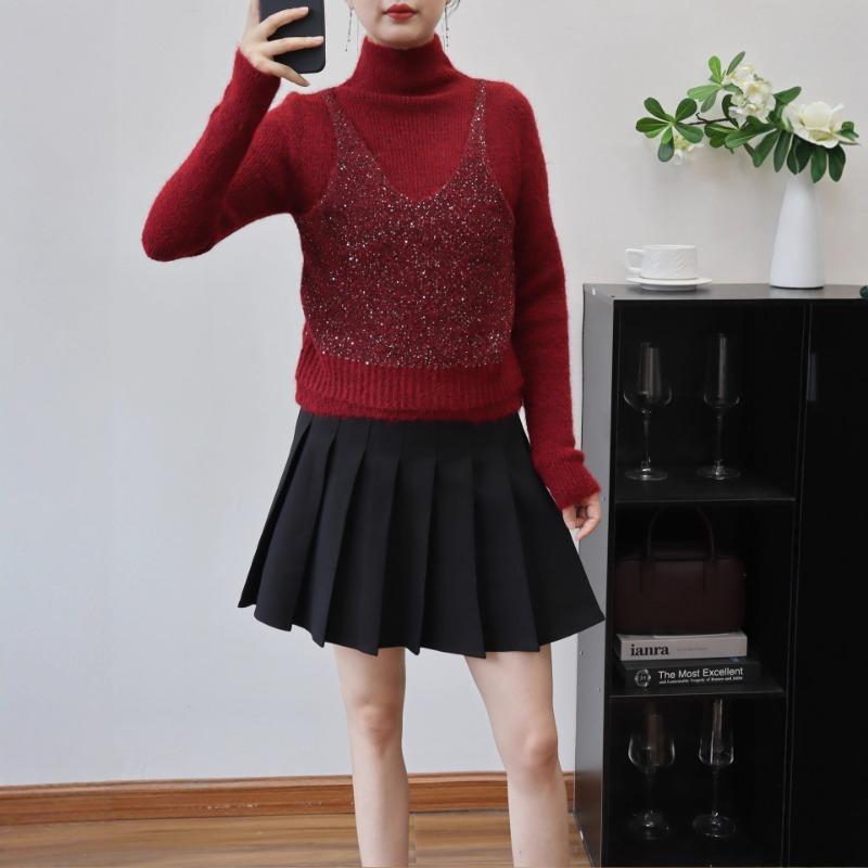 Autumn and Winter New Semi-turtleneck Fake Two-piece Sequined Knitted Sweater Top Slim and Thin Sweater Pullover Inside Women