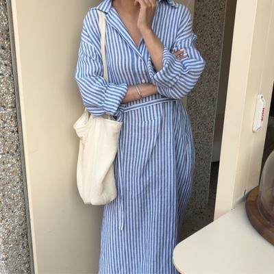 Spring Summer Women Long Dresses Striped Lace Up Cotton and Linen Shirt Dress