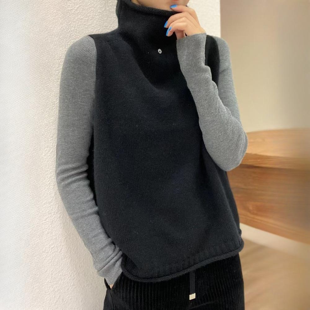 IHUASU Autumn and Winter Stacked Wool Waistcoat Waistcoat Knitted Shoulders Loose Jumper High Collar Thin Thick Large Size Women's Clothing