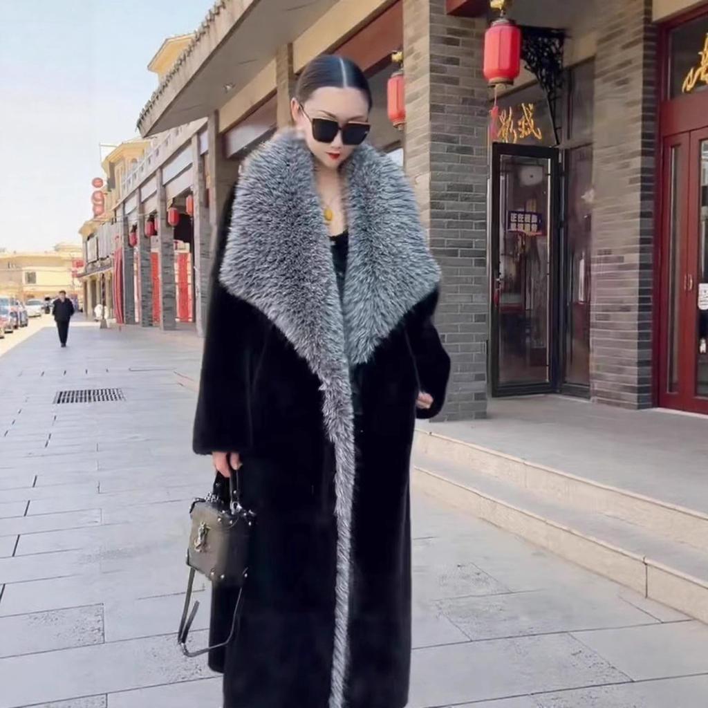 Mink Coat Women's Slim Fit Long Style Super Fox Fur Collar Whole Mink Fur Coat