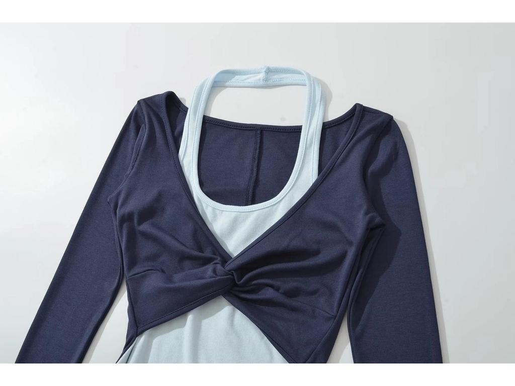 American Spicy Girl Colorblock Twisted Long Sleeve Contrast Halter Shirt - Women's Spring/Autumn Slim Fit 
