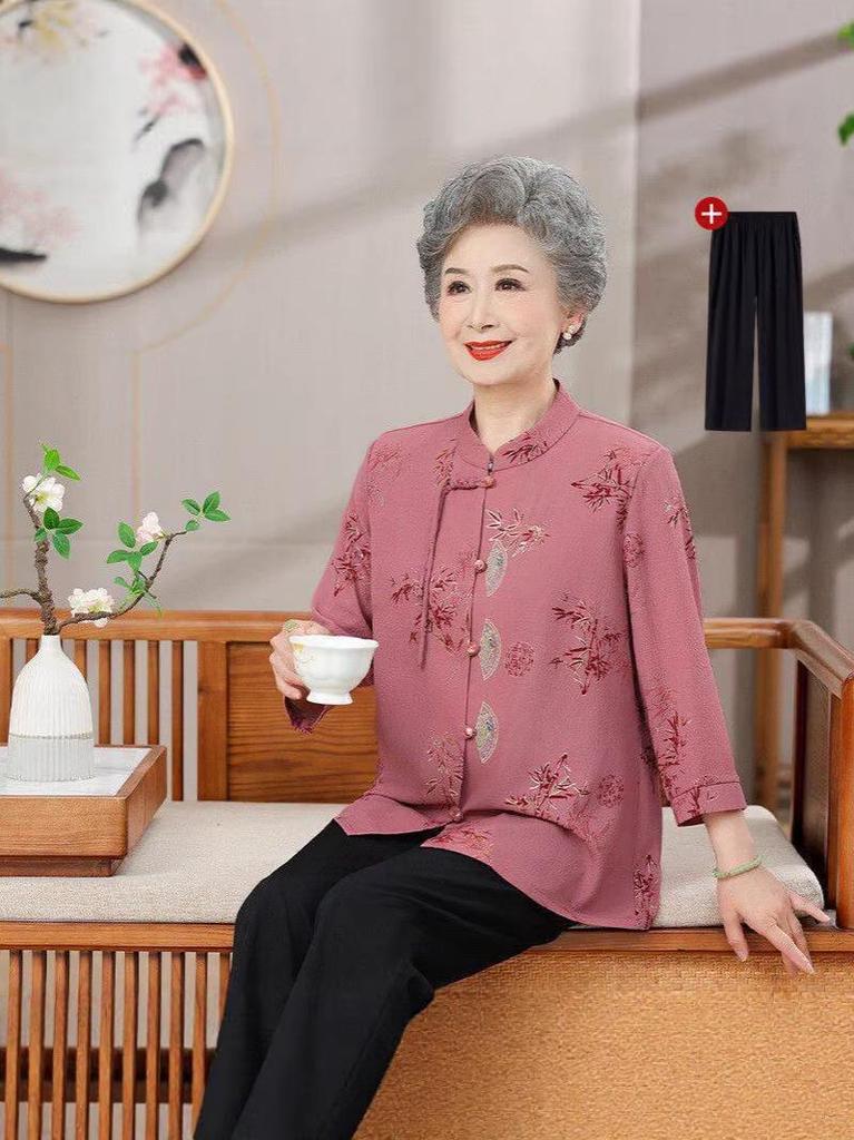 Mom's Spring & Autumn 2026 Chiffon Seven-Sleeve Shirt - New Chinese Style for Middle-Aged & Elderly Women
