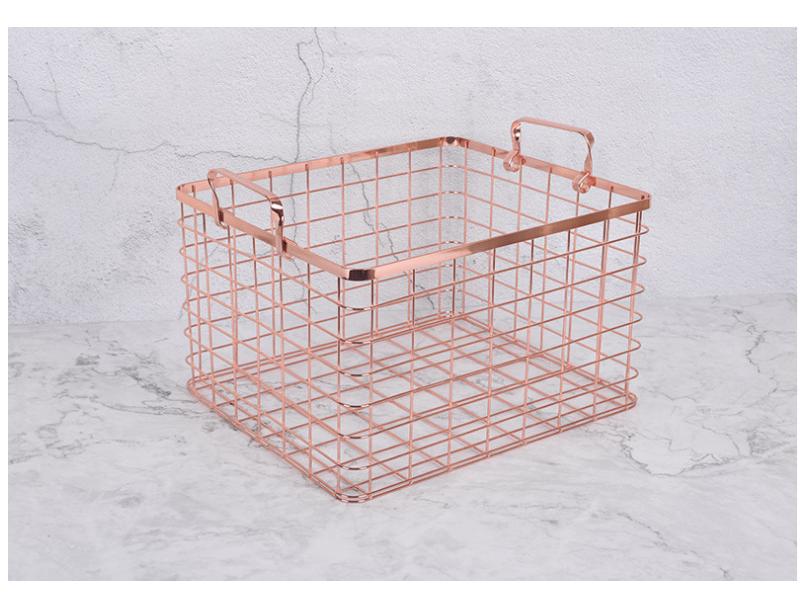 Rose Gold Large Iron Art Storage Basket with Handle - Desktop and Kitchen Organizer