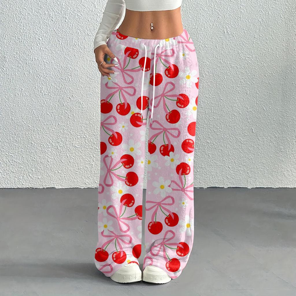 Women's Casual Fashion Printed Elastic Waist Loose Straight Leg Pants With Rope