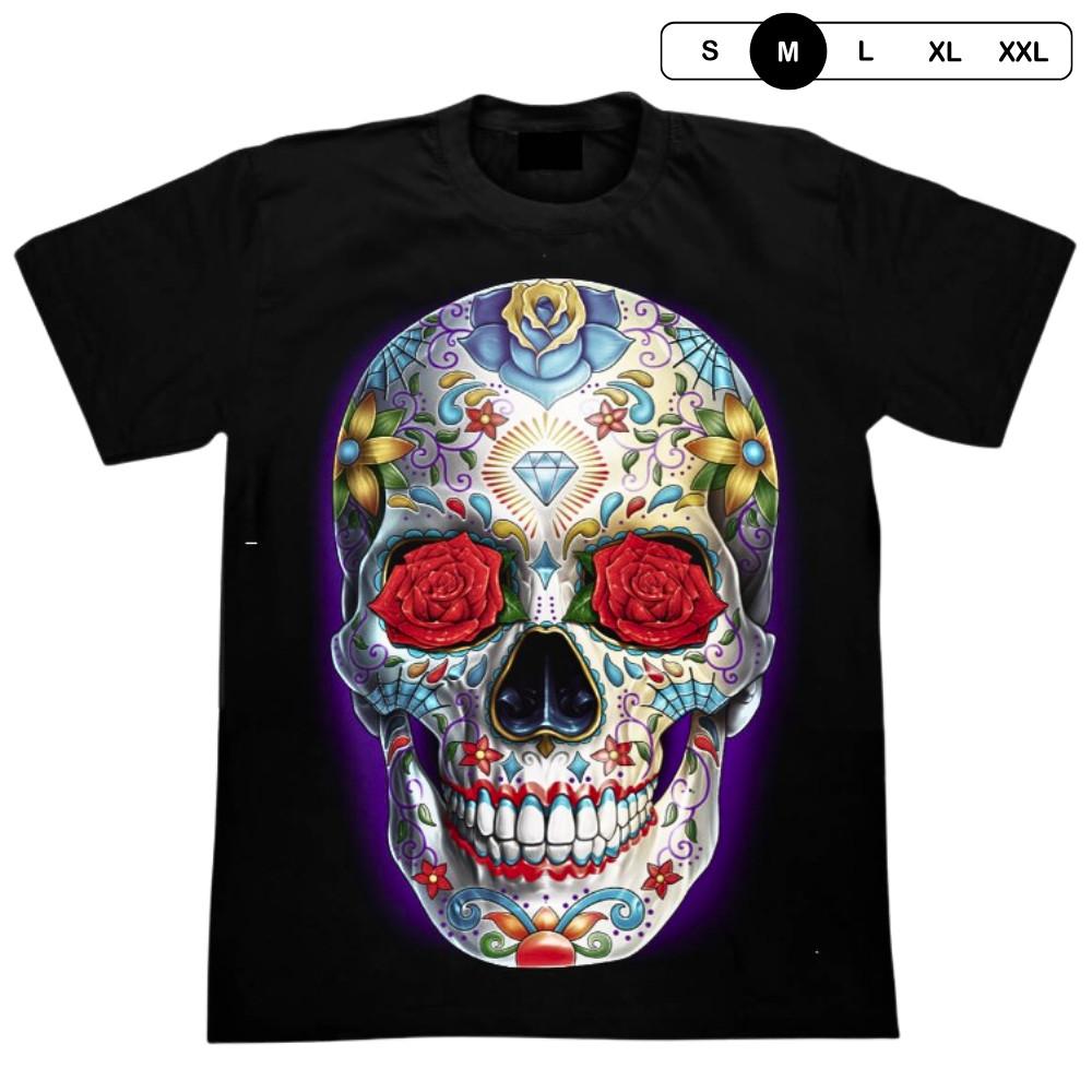 

Sugar Skull T Shirt Mens Colorful Flower Graphic Glow In The Dark New Year Gift S разноцветный