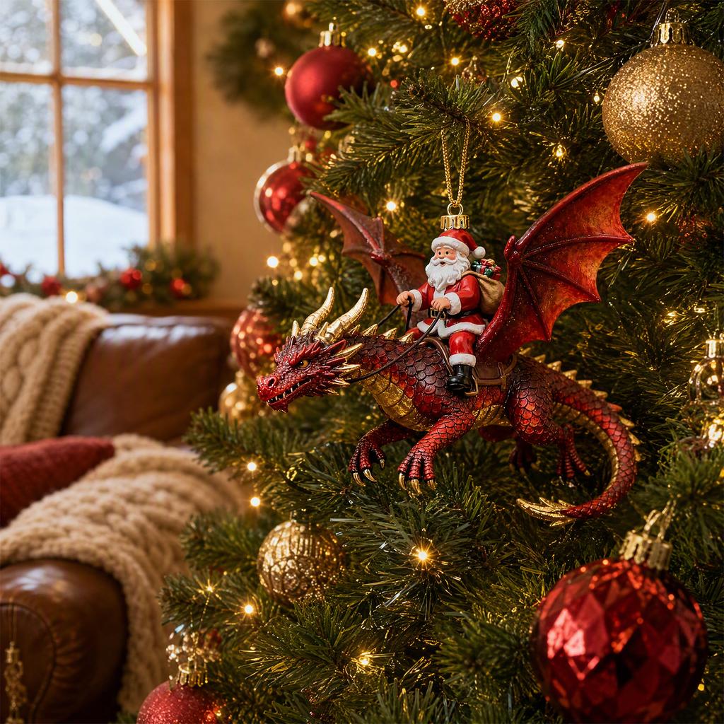 3D Hand Painted Holiday Ornament Santa Riding Dragon Resin Fantasy Christmas Tree Hanging Pendant Decor