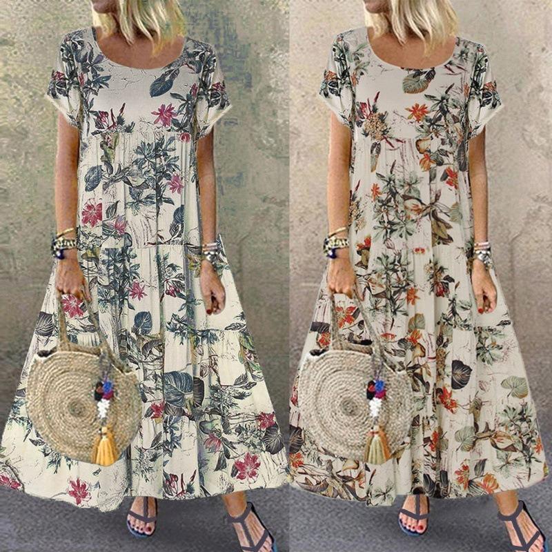 Rundhalsad Klänning för Kvinnor;Sommarmode Ny Tryckt Klänning Casual Lös och Enkel Lång Klänning Elegant damkläder