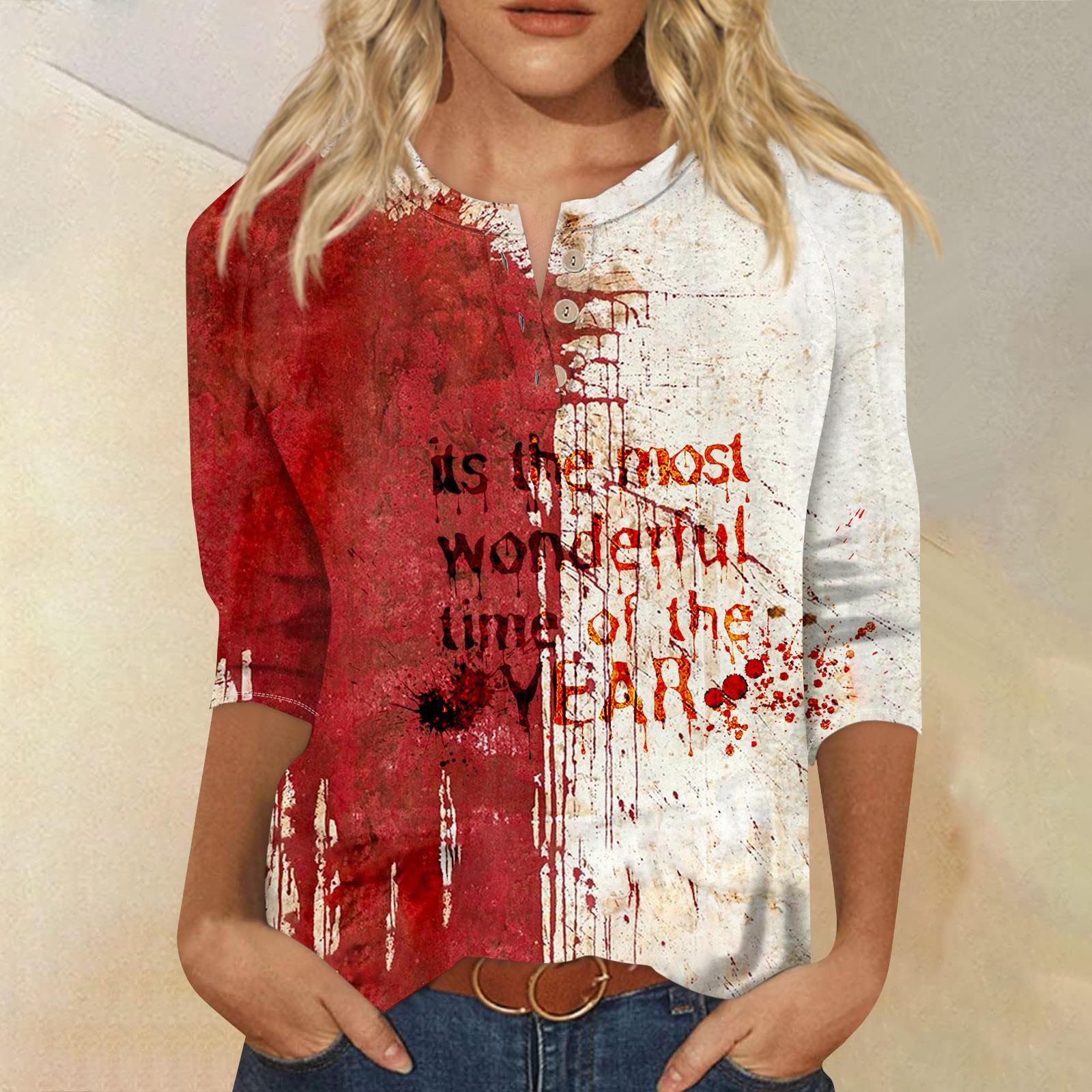 

Женский повседневный топ с принтом Хэллоуина, V-образным вырезом, застежкой на пуговицы и рукавами длиной семь четвертей XXL киноварь