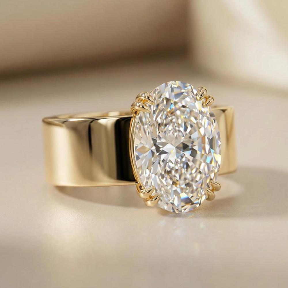 4.5CT Oval Cut Moissanite Engagement Ring for Women  Copper18K Gold Plated Double Prong Wide Band Wedding Ring Jewelry Gift