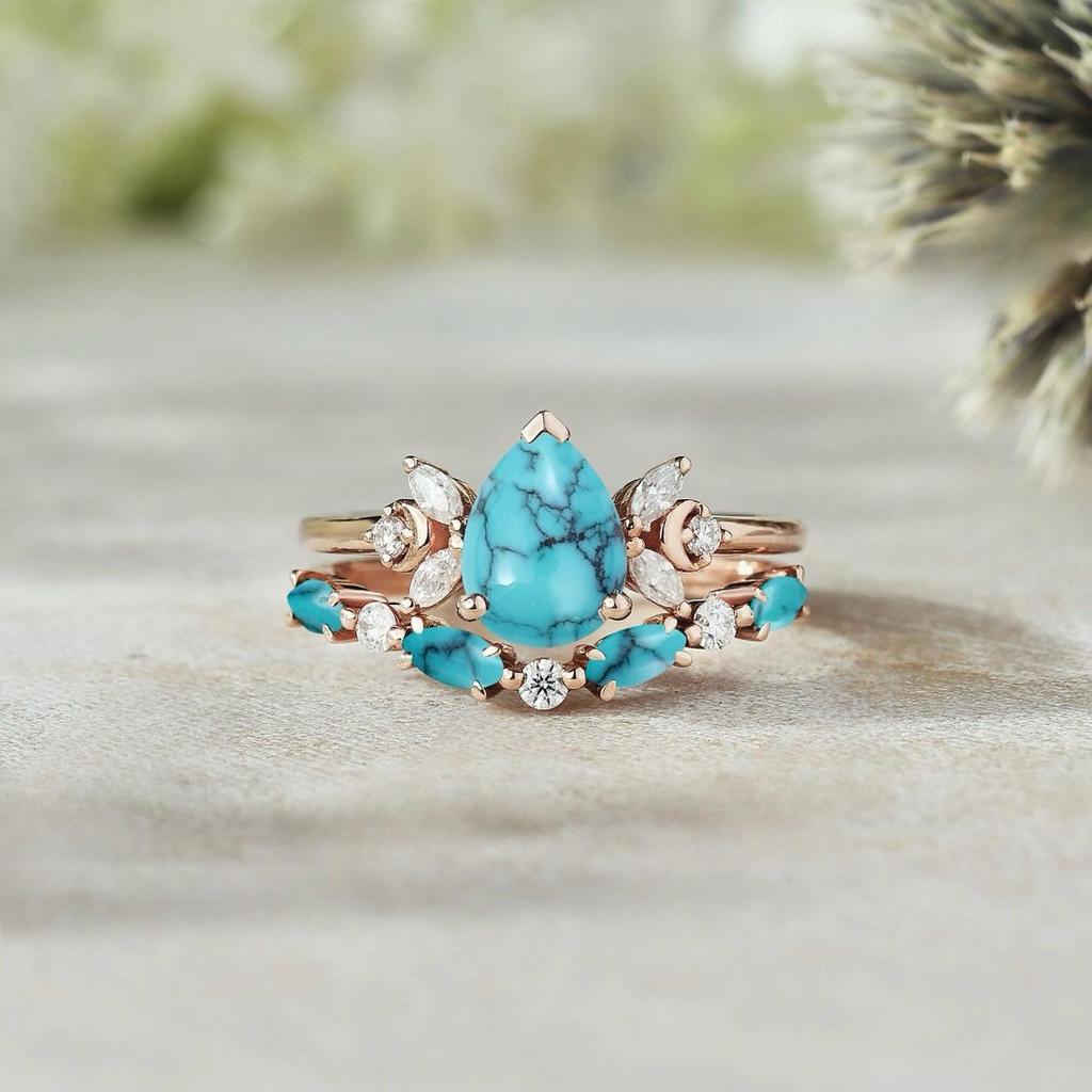 Bohemian Water Drop Couple Rings with Inlaid Diamond and Turquoise - Personalized Light Luxury Design