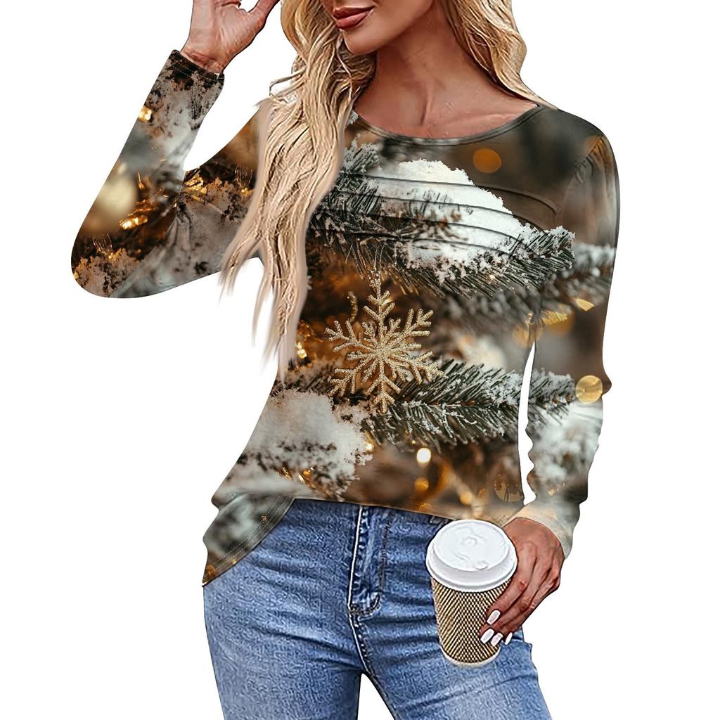 Ladies' Casual Fashion Printed Round Neck Long Pleated T-shirt Top Christmas