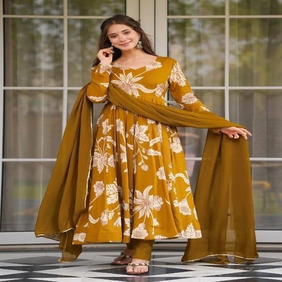 Mustard Yellow Floral Printed Georgette Anarkali Kurta Pant Set with Dupatta S горчичный