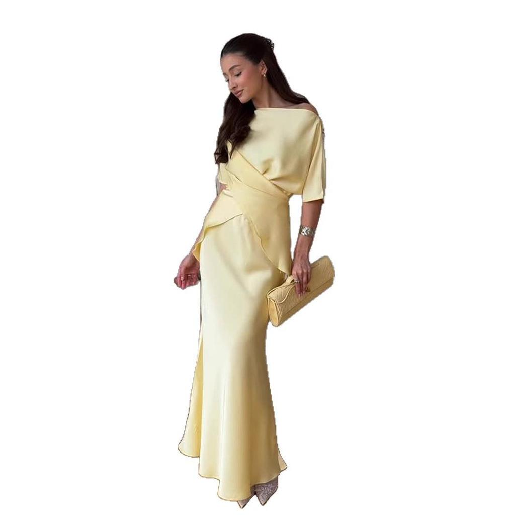 Moda donna elegante maniche corte piega spacco sposa damigelle d'onore matrimonio maxi abito lungo abiti da festa