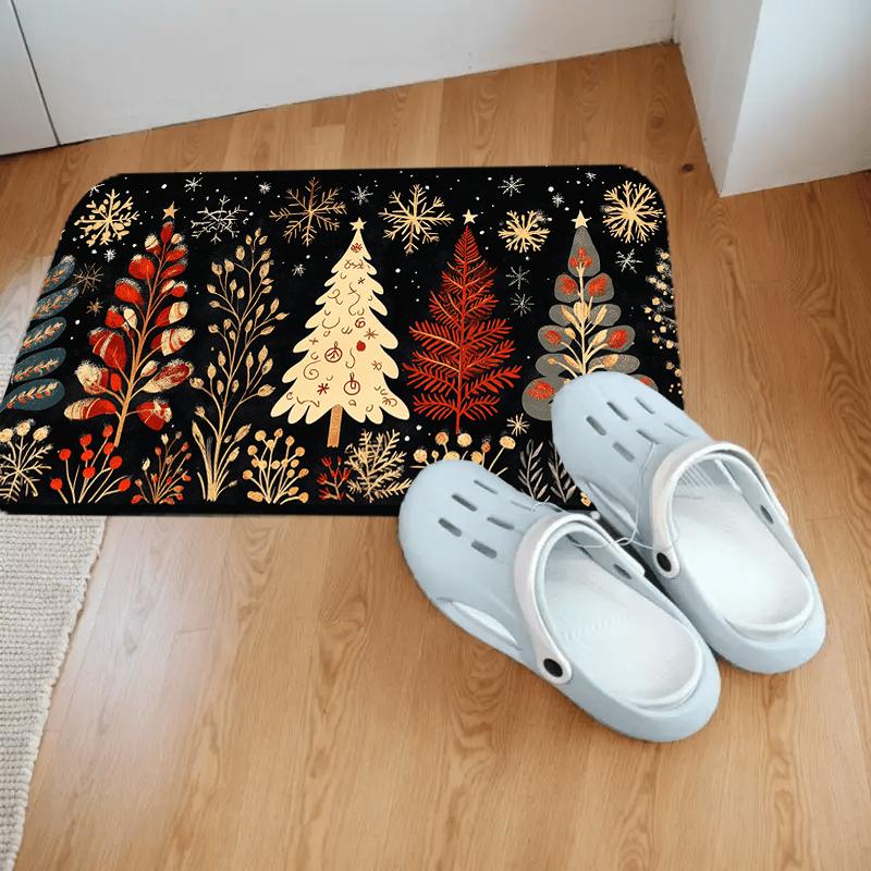 Folk Art Christmas Tree Rug, Scandinavian Snowflake Pattern Mat with Black Backdrop for Holiday Home Decor