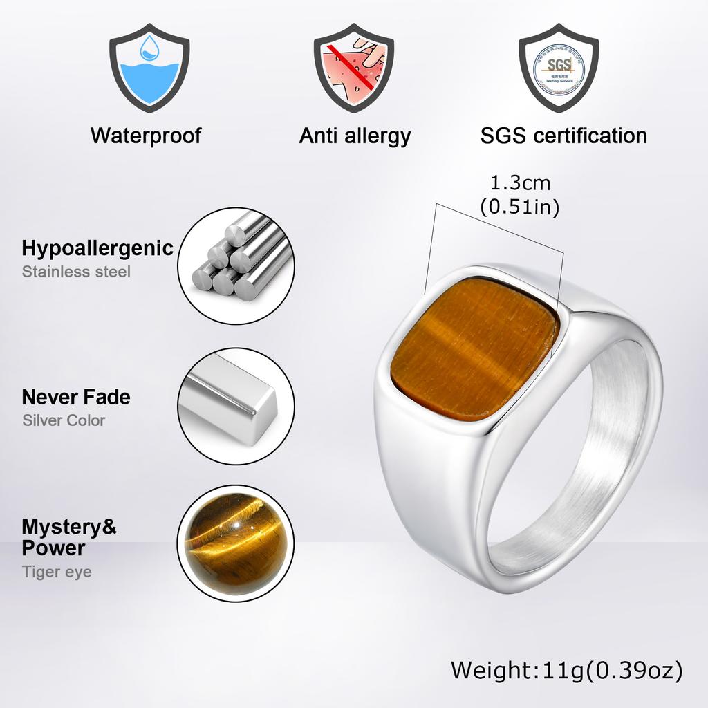 Herren Hochwertiger Quadratischer Siegelring aus Edelstahl mit Schwarzem Glas und Natürlichem Tigerauge Stein - Modischer Klassischer Schmuck
