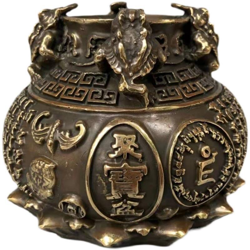 Pure Treasure Bowl Ornament Square Wealth-Attracting Golden Toad Jar Copper Vase Living Room Entrance Home De