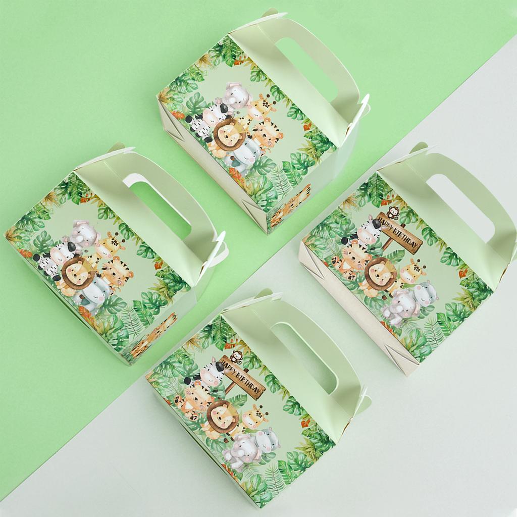 4pcs Jungle Animal Candy Boxes Safari Birthday Party Decoration Kids Gift Packaging Box Wild One Baby Shower Supplies Box Bags