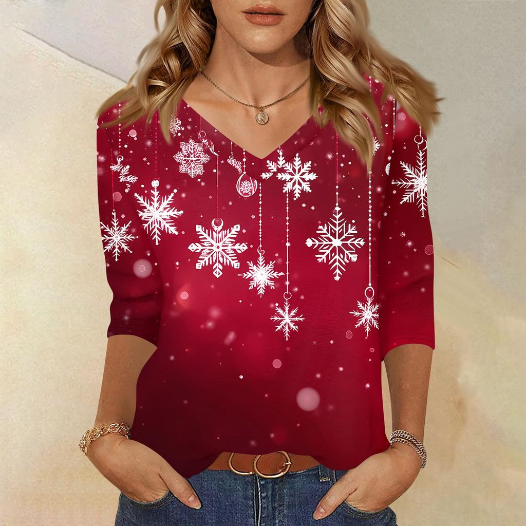 Damen T-Shirt Weihnachtsdruck 3/4 Ärmel Täglich Wochenende Mode Basic V-Ausschnitt Reguläres Oberteil