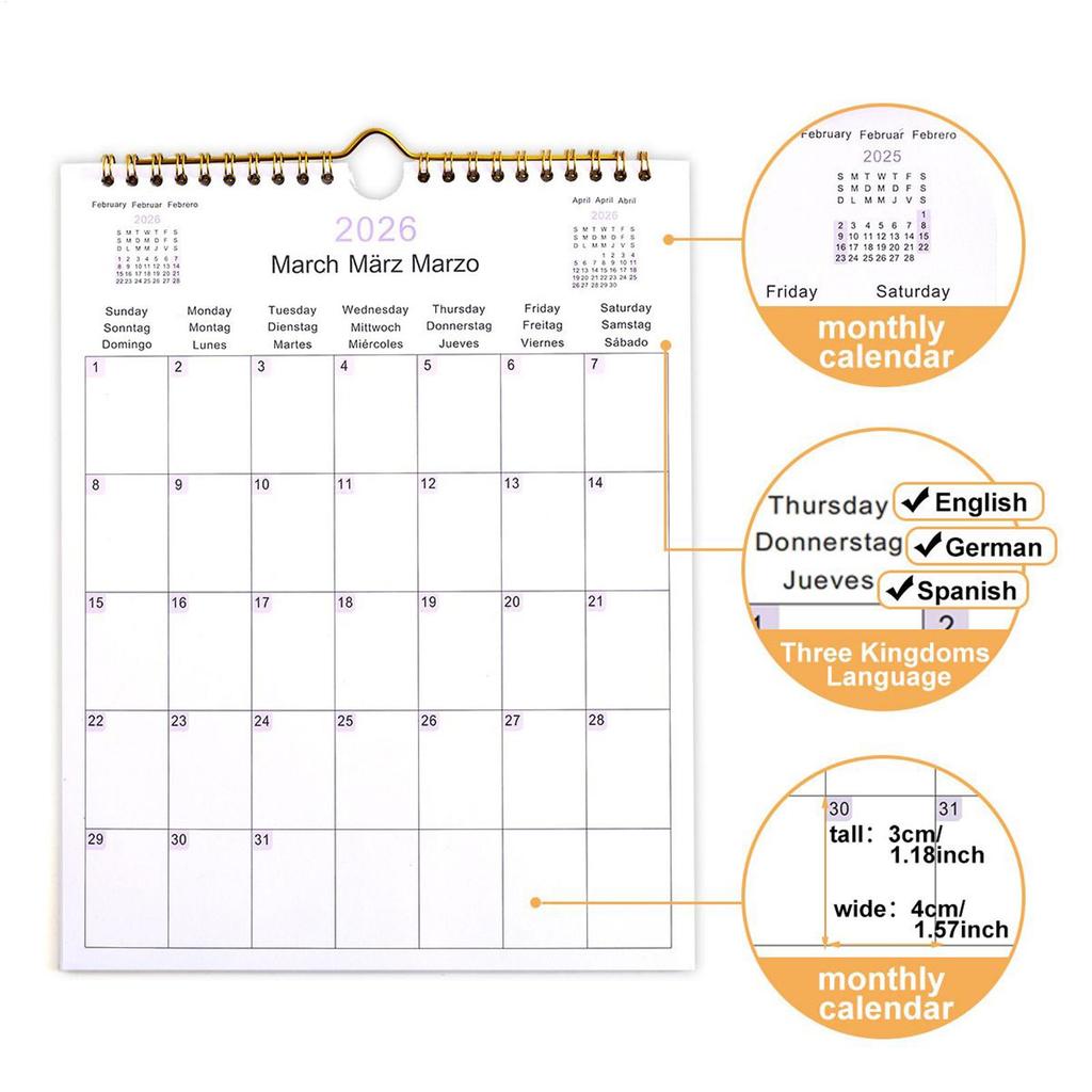 Decorative Multilingual Coil Calendar 2026 Wall Calendars 12 Month Modern Decorative Planner For Bedroom Dormitory Apartment