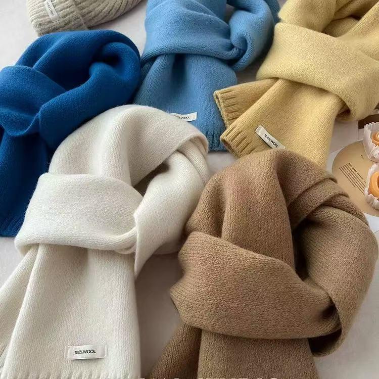 100% Wool Knit Cashmere-Style Scarf: Versatile Solid Color for Men and Women, Korean Winter Fashion