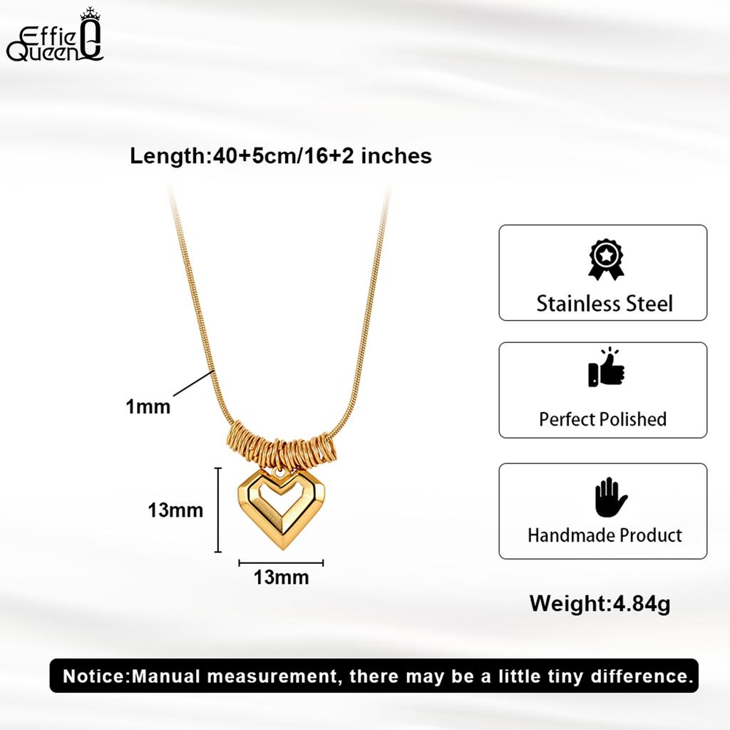 EFFIE QUEEN Stainless Steel 18k Gold Heart Shaped Pendant Necklace Romantic Jewelry for Women ,Wedding Party Banquet Gift STKN09