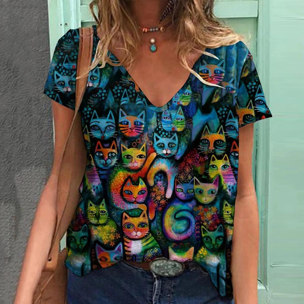 Summer Cat 3D Printed V-neck Short Sleeved  Women's T-shirts