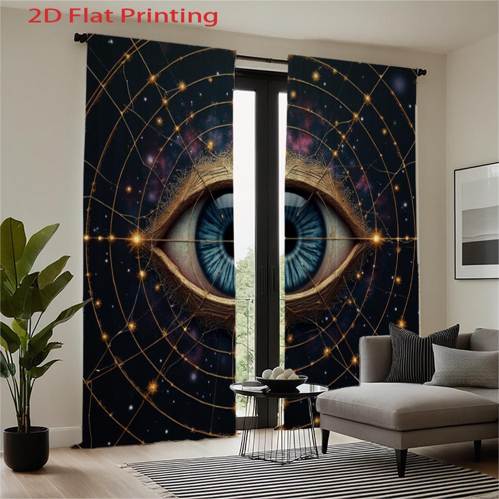 Set Of 2 Flat Printing Curtains Cosmic Eye Pattern Blue Golden Frame Space Style Polyester Fabric Semi She Curtain