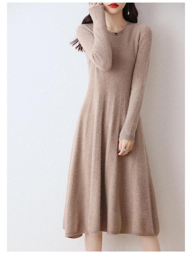 Women's Slim Fit Waist-Cinching Over-the-Knee Knitted Wool Dress - Autumn/Winter Base Layer, Round Neck, New Style