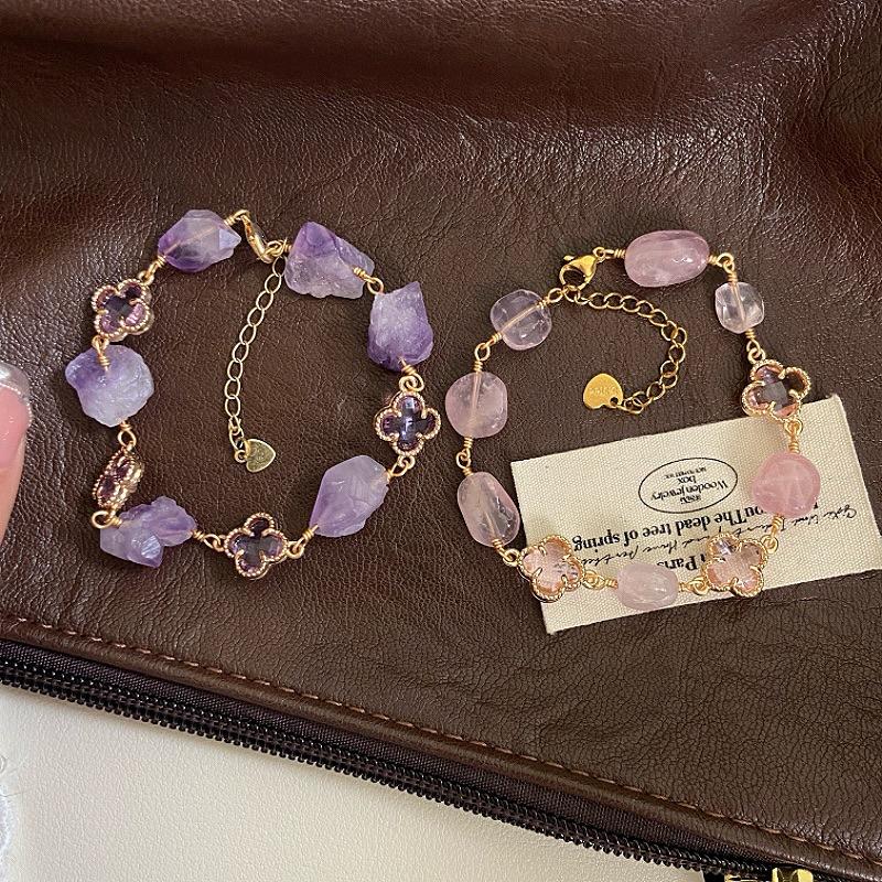 Pink Four-leaf Flower Bracelet Freshwater Pearl Natural Crystal Bracelet, Sweet Internet Celebrity Small Fragrance Citrine Bracelet.