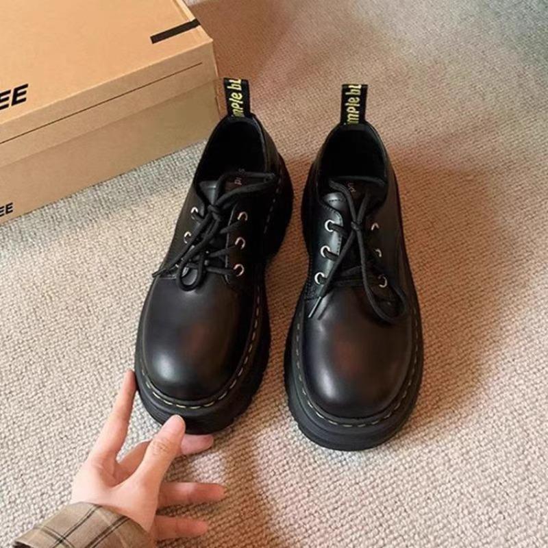 Autumn and Winter Small Leather Shoes New College Style Leather Shoes Round Head Retro Lace-up Low Heel JK Loafer Single Shoes Women