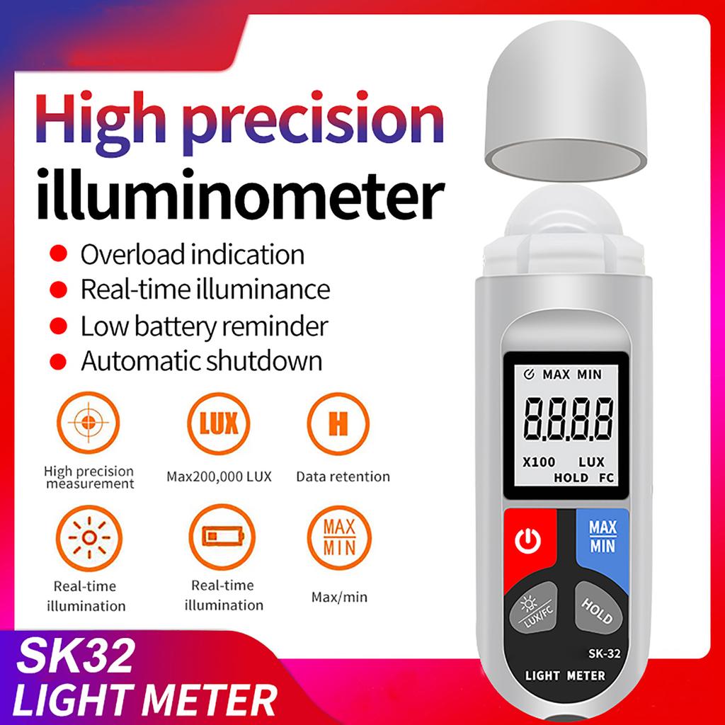 Digital Light Meter Lux Meter High Accuracy 0.1 to 200000Lux Portable Brightness Gauge with LCD Screen Data Hold Auto