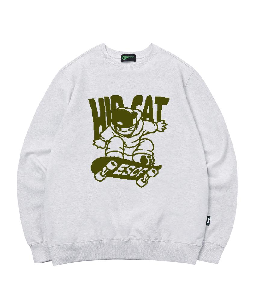 ESCAPEFROM Hip Cat Skateboard Print Sweatshirt White Melange