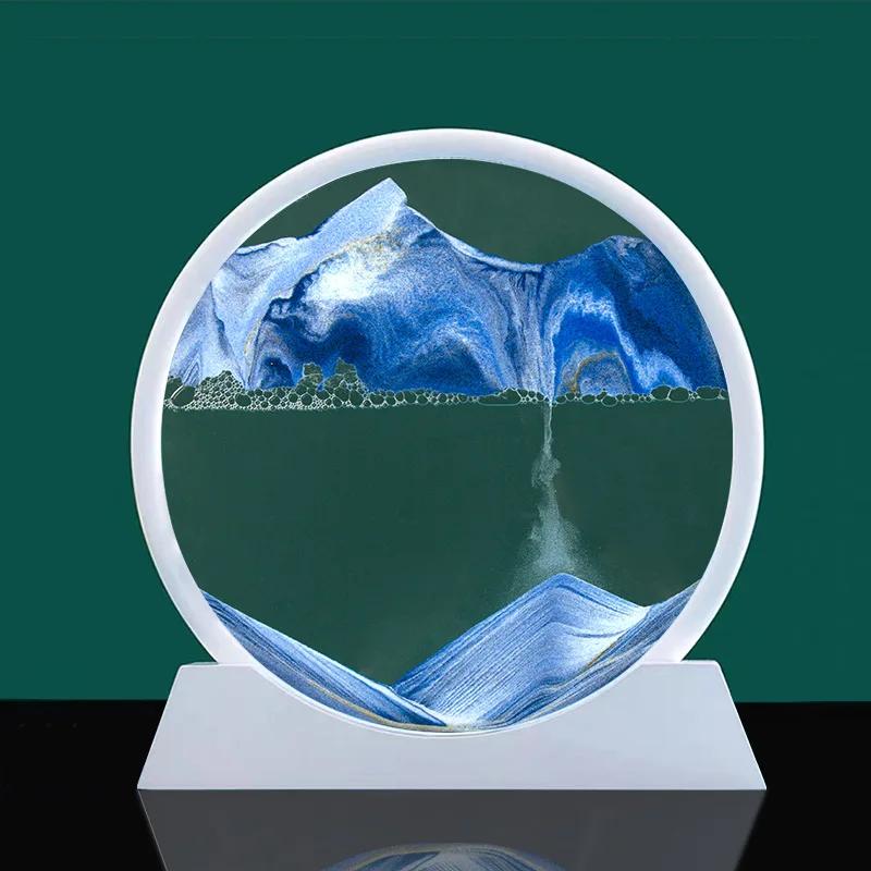 3D Moving Sand Art Picture Round Glass Deep Sea Sandscape Hourglass Quicksand Craft Flowing Sand Painting Office Home Decor Gift