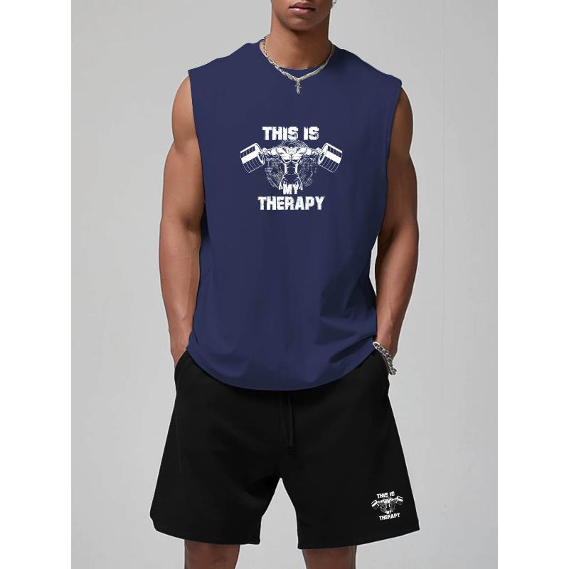 

Trendy Graphic Print Polyester Men s Tank Top Shorts Set Breathable XXL темно-синього кольору