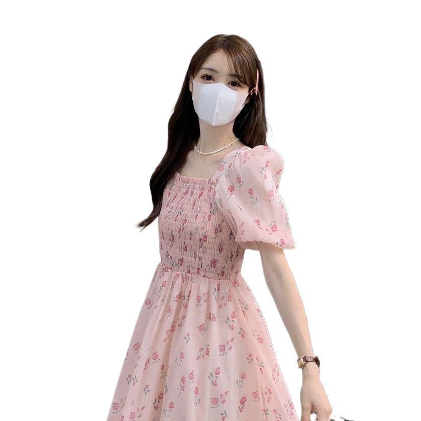 Women's French Floral Puff Sleeve Square Neck A-Line Midi Dress - Summer 2026
