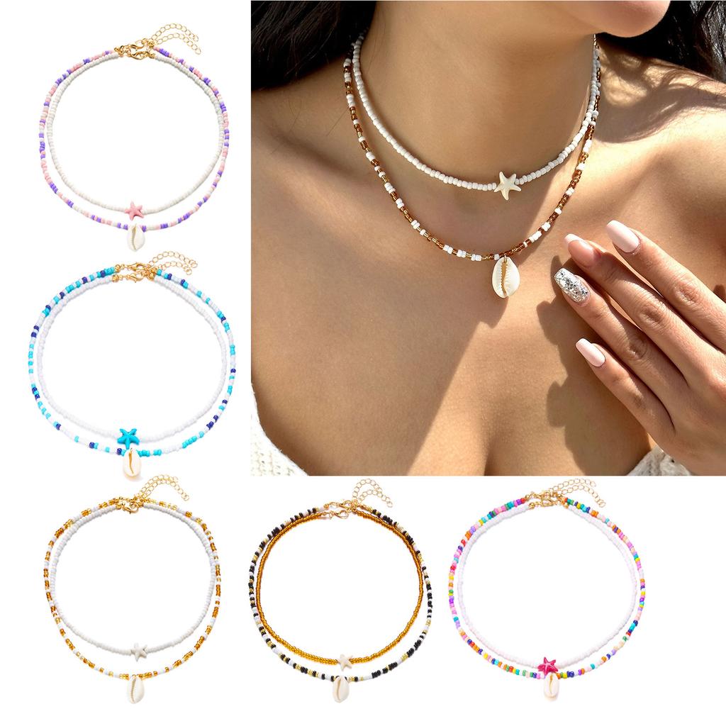 Pack Of 2 Bohemian Style Double Layer Starfish Shell Beaded Pendant Necklace For Women And Young Fashion Enthusiasts