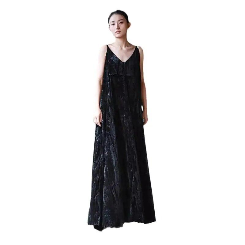 Johnature Woman Spring Fashion Chinese Style Print Casual Dress Solid Color Niche Sleeveless V-neck Vintage Dress